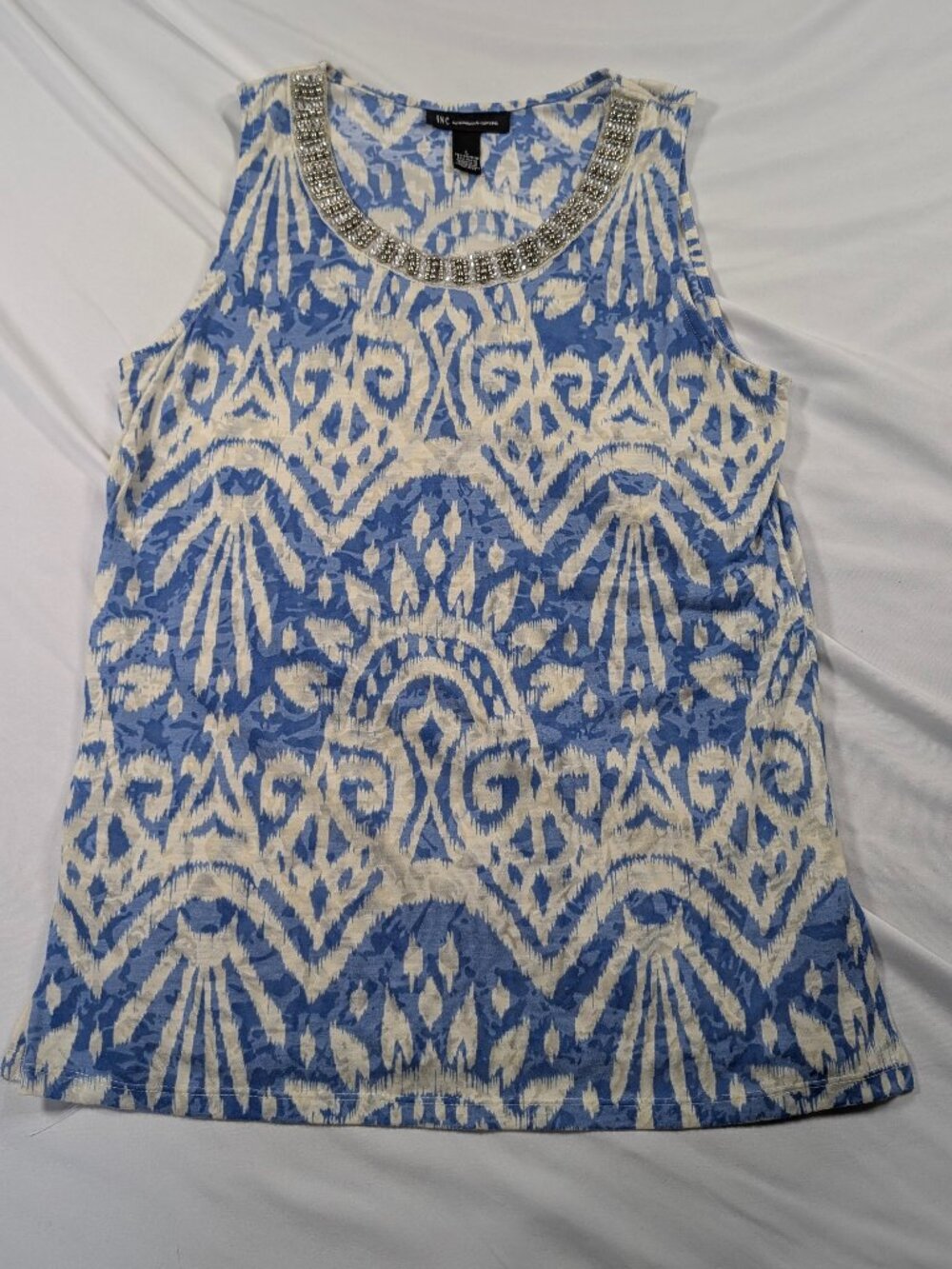 INC Blue White Ikat Beaded Neckline Tank Top L